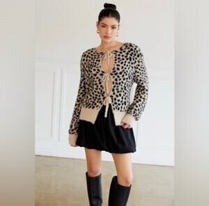 Sunday Edition Leopard Print Tie Front Cardigan Size L Coquette Bow Knit